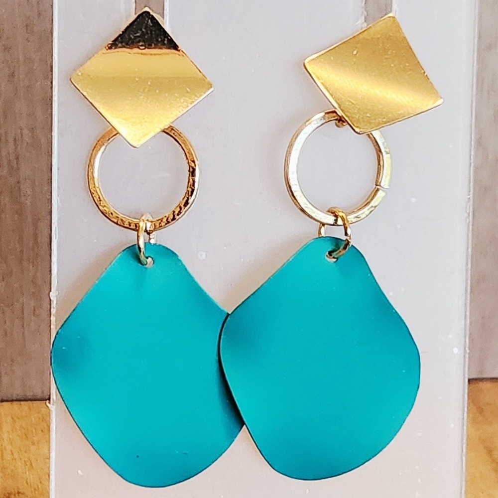 Gold Tone Geometric Teal Blue Petal Drop Dangle‎ Earrings Modern Abstract 2"